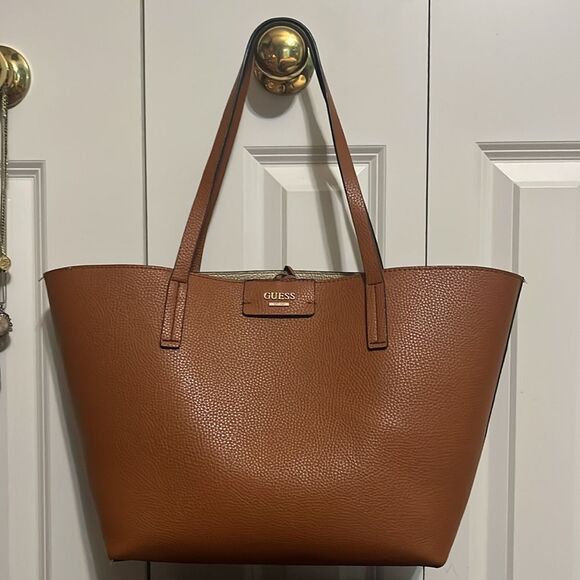 Guess Bobbi Inside Out Reversible Brown Tan Cream Tote Shoulder Bag Purse - Picture 1 of 12